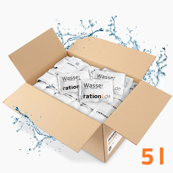 Trinkwasser Vorrat 5 Liter - 10 Jahre haltbar, 20 x 250ml Beutel