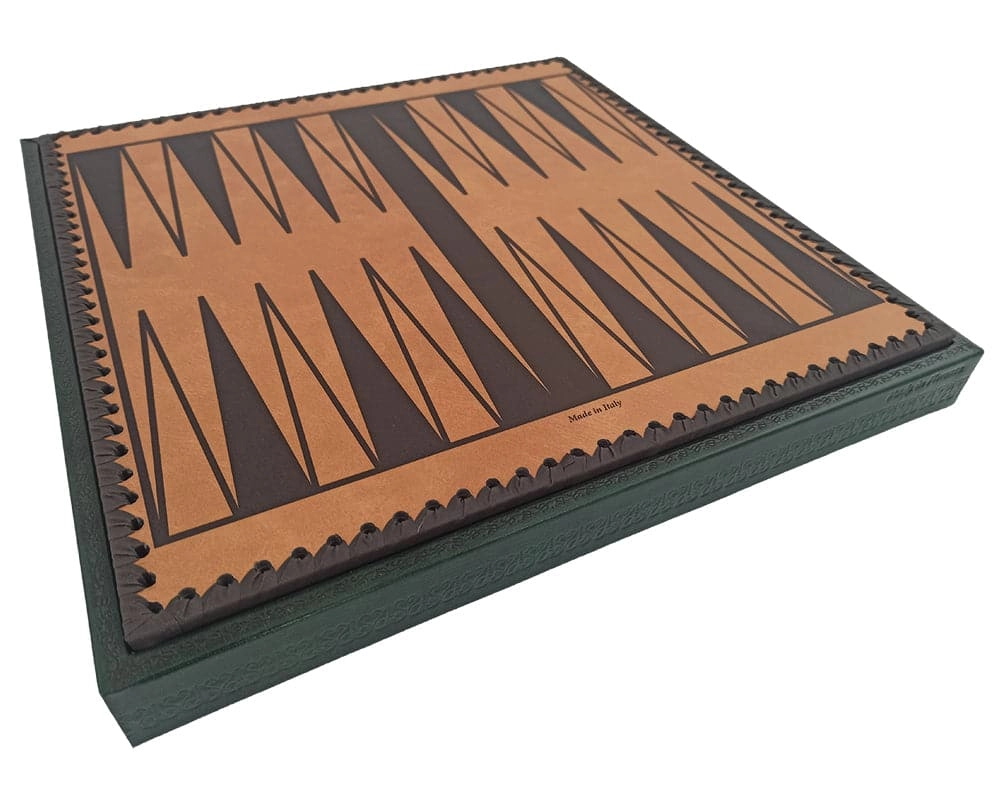 Das italienische Verde 35 cm Backgammon-Set mit abnehmbarem Deckel, Schachbrett-Option, Würfeln und Dame.