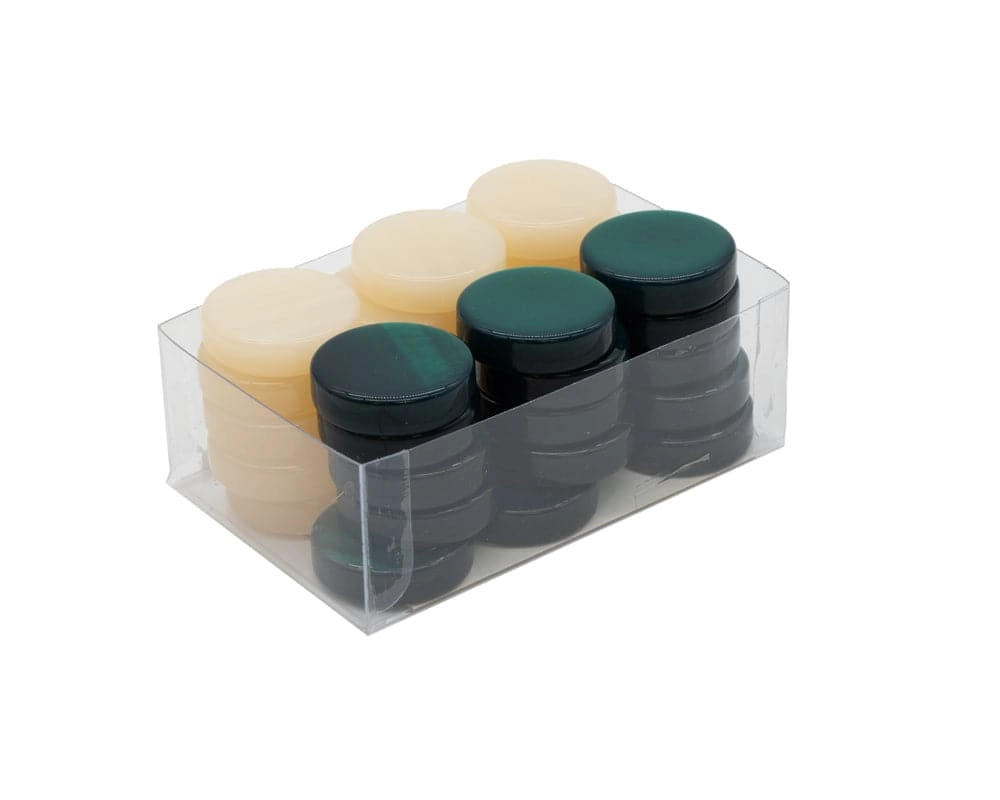 Acryl-Perlmutt-Bakelit-Backgammon-Steine Grün und Elfenbein 26mm