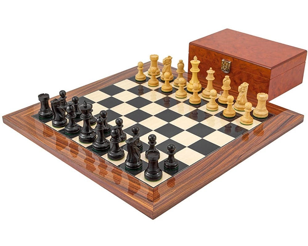 Supreme Ebenholz-Schachset mit Wurzelholz-Schachkasten