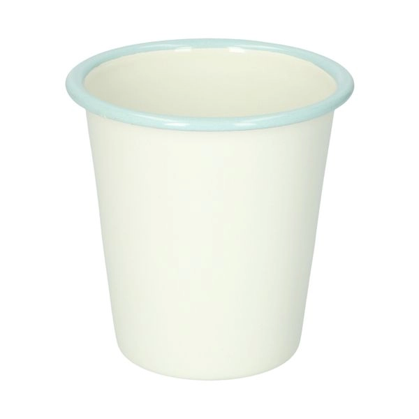 Becher, emaille, weiß mit blauem rand