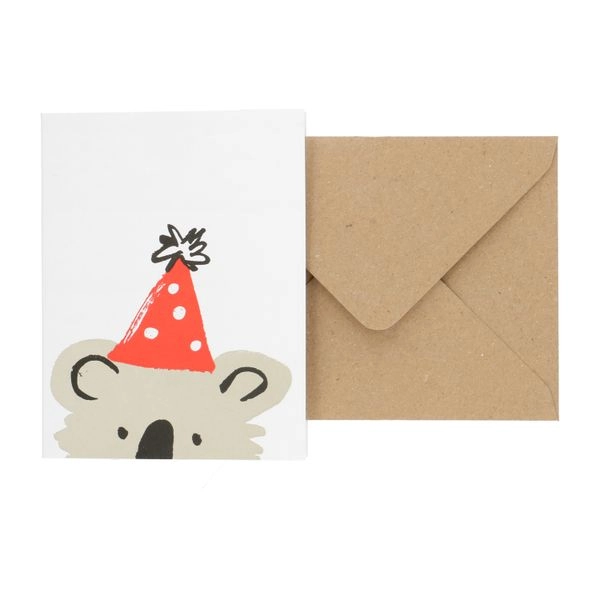 Karte mit umschlag, koala mit partyhut