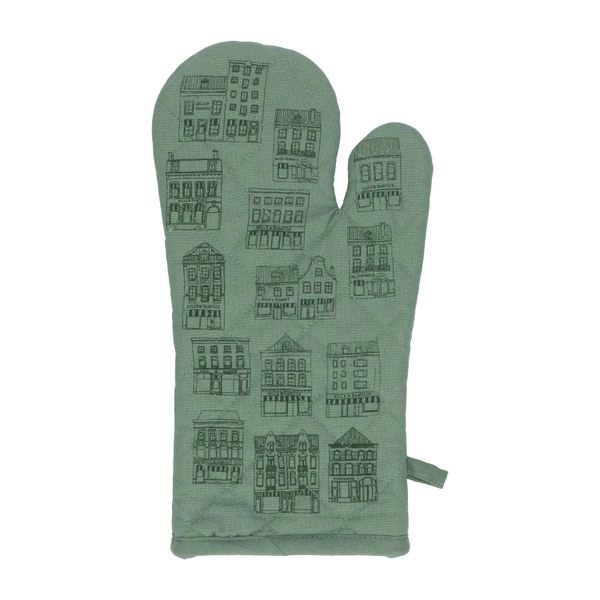 Ofenhandschuh, bio-baumwolle, graugrün mit giebelmotiv