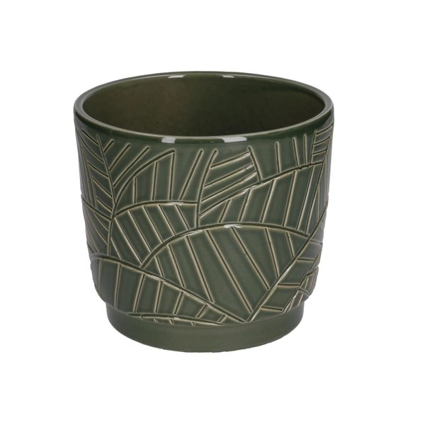 Übertopf, steingut, dunkelgrün mit palmmotiv, ø 14 cm