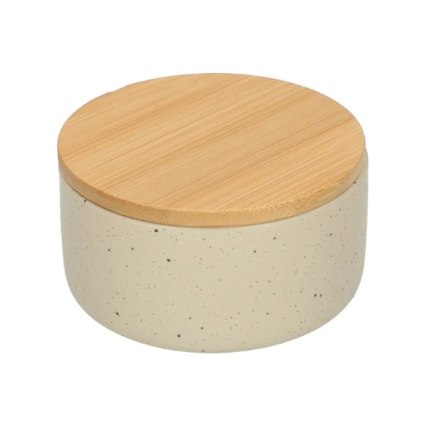 Dose + deckel, beige gesprenkelt, keramik und bambus