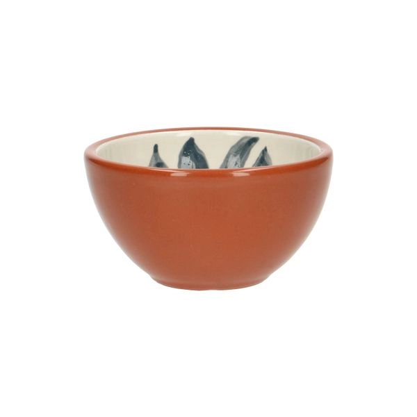 Schälchen, terrakotta, blaues blatt, 9,5 x 5 cm