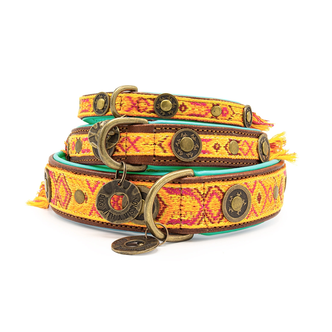 DWAM Halsband Boho Chica L Gelb Türkis Orange Braun für Welpen | für alle Hunde | besonderes Halsband | besondere Stickerei | Handarbeit | Boho