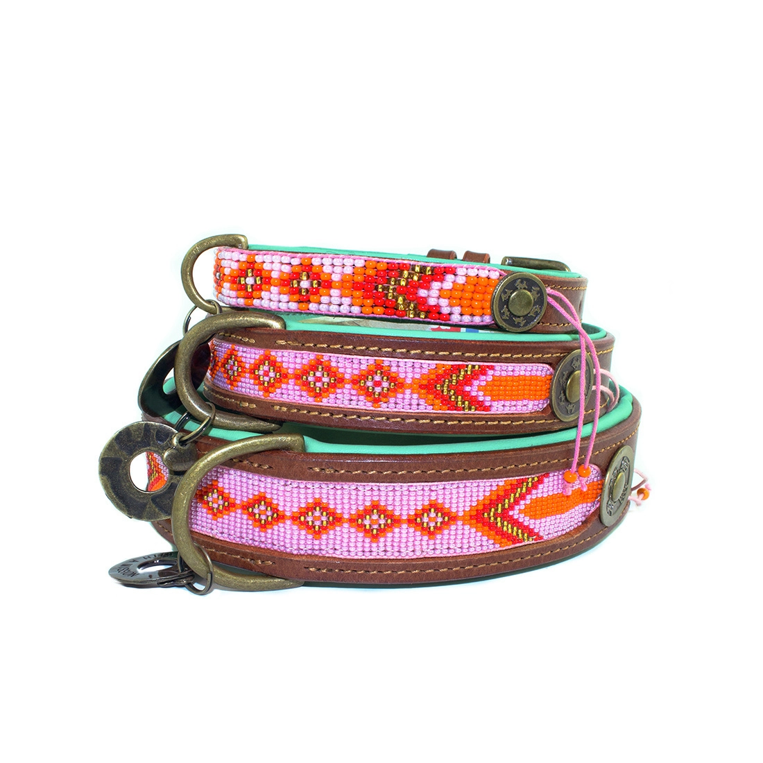DWAM Halsband Sweet Mae S Türkis Pink Braun Rosa für Welpen | für alle Hunde | besonderes Halsband | aufwändige Perlenstickerei | Handarbeit | Boho