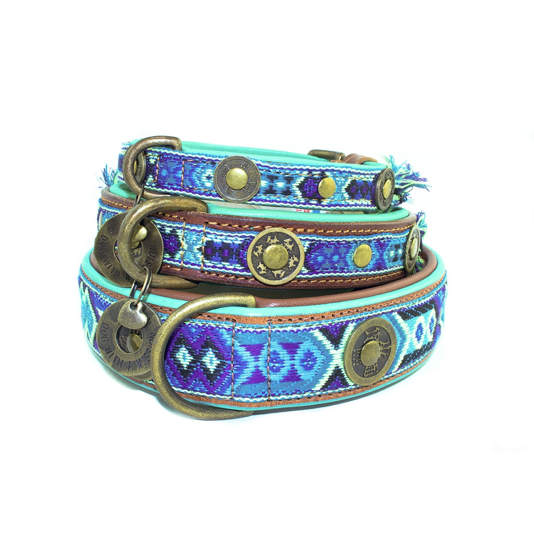 DWAM Halsband Boho Juan M Türkis Blau für Welpen | für alle Hunde | besonderes Halsband | besondere Stickerei | Handarbeit | Boho