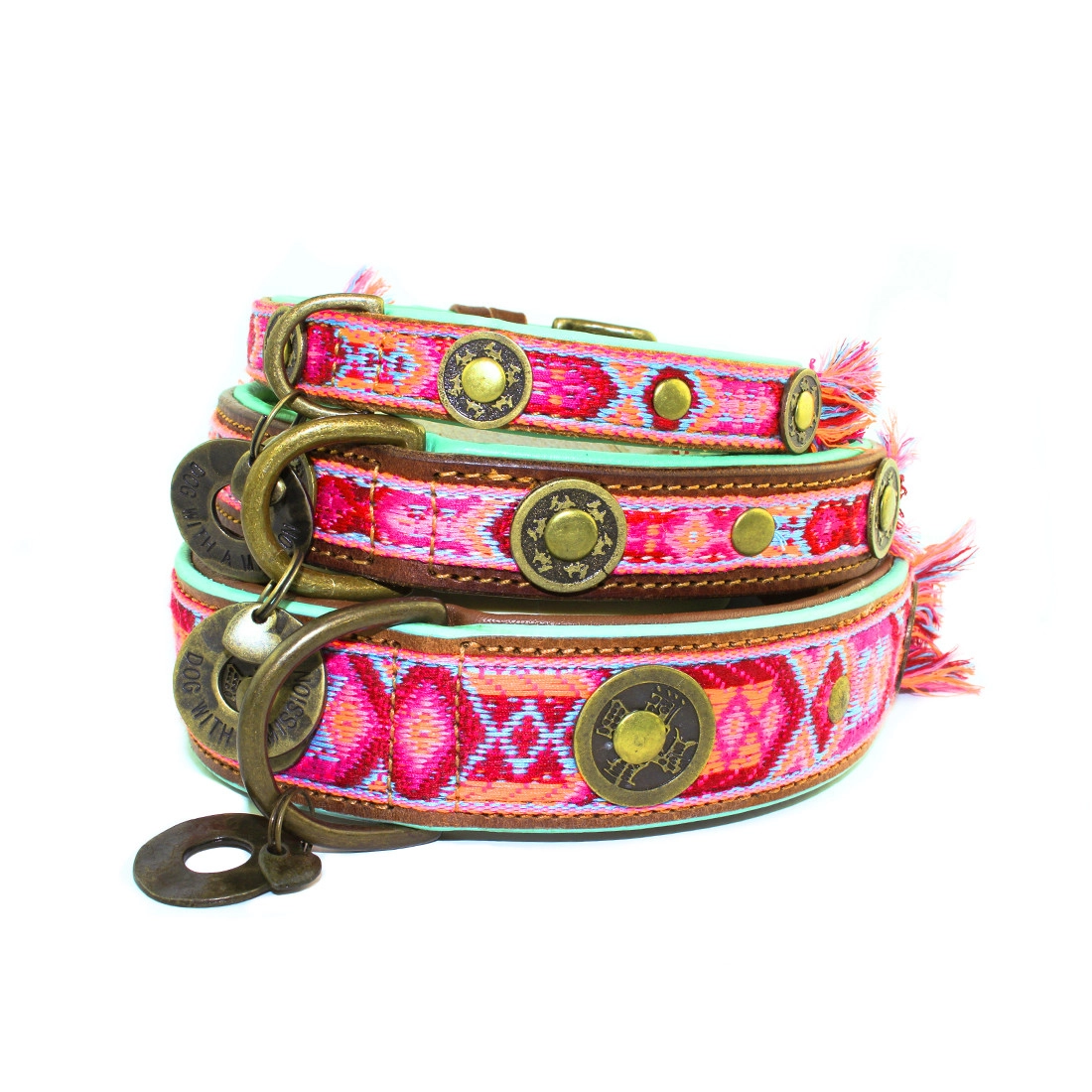 DWAM Halsband Boho Rosa S Pink Braun Rosa Türkis für Welpen | für alle Hunde | besonderes Halsband | besondere Stickerei | Handarbeit | Boho