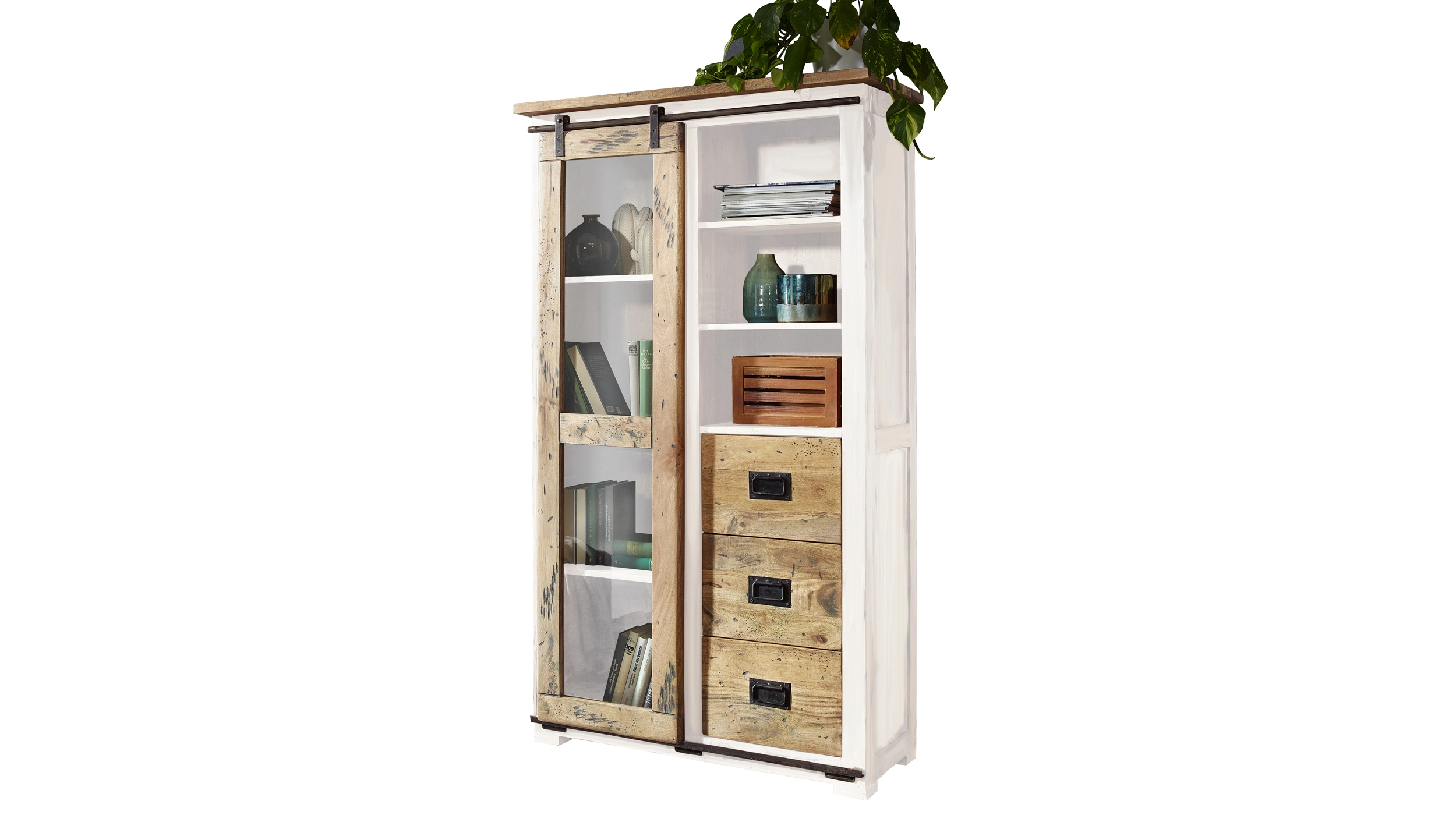Vitrine mit Schiebetür Mango massiv weiß Breite 100 cm - EMANUEL