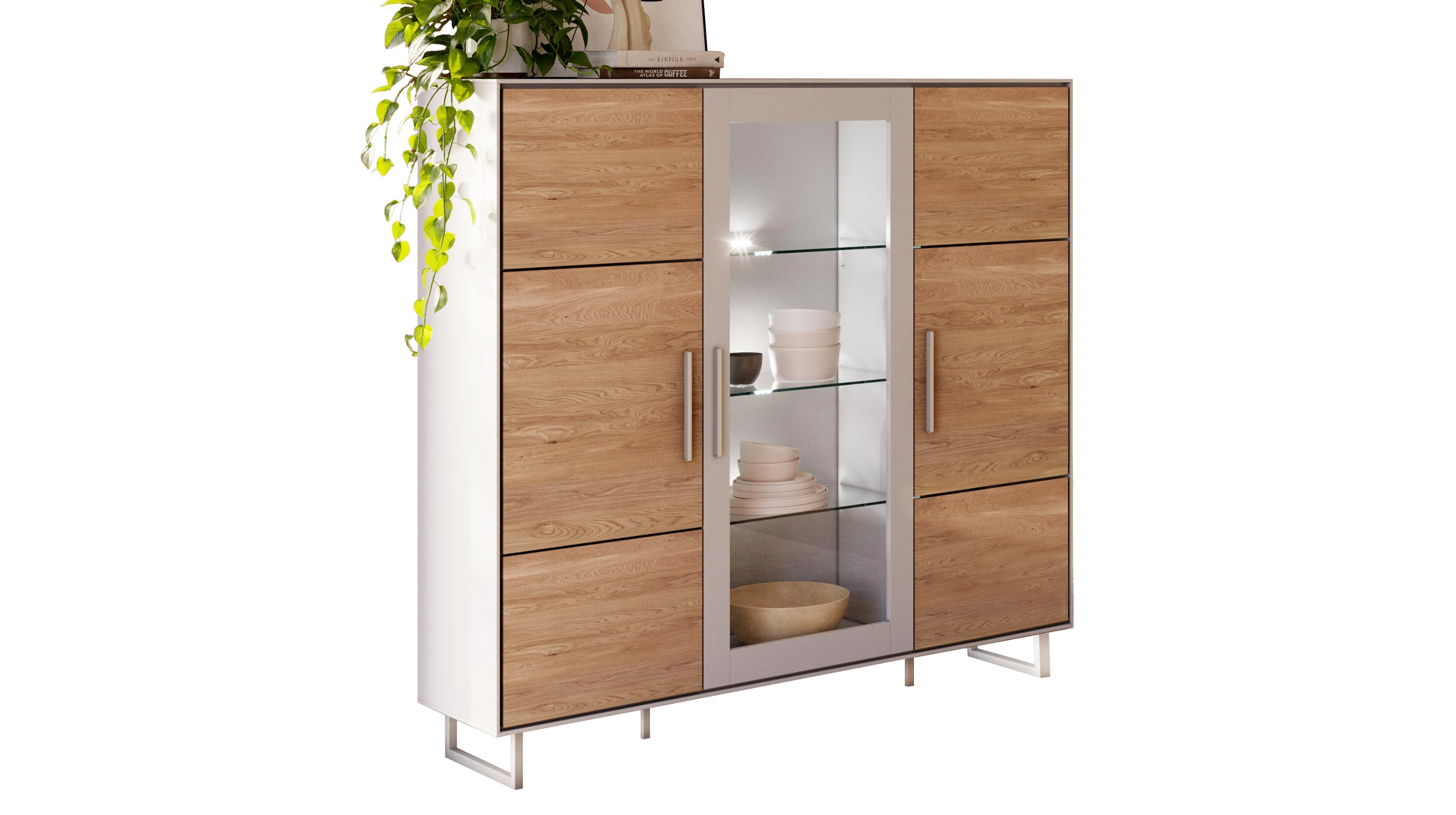 Highboard mit Glastür Eiche teilmassiv geölt 146 cm - KAI