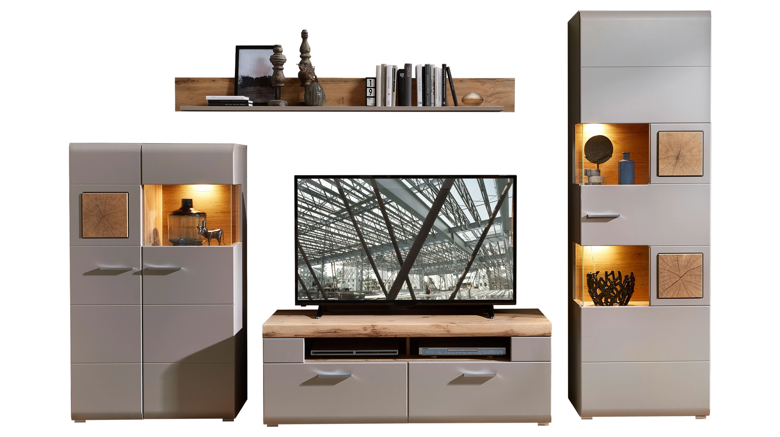 Wohnwand grau - Eiche 325 cm - LED-Beleuchtung - FUN PLUS