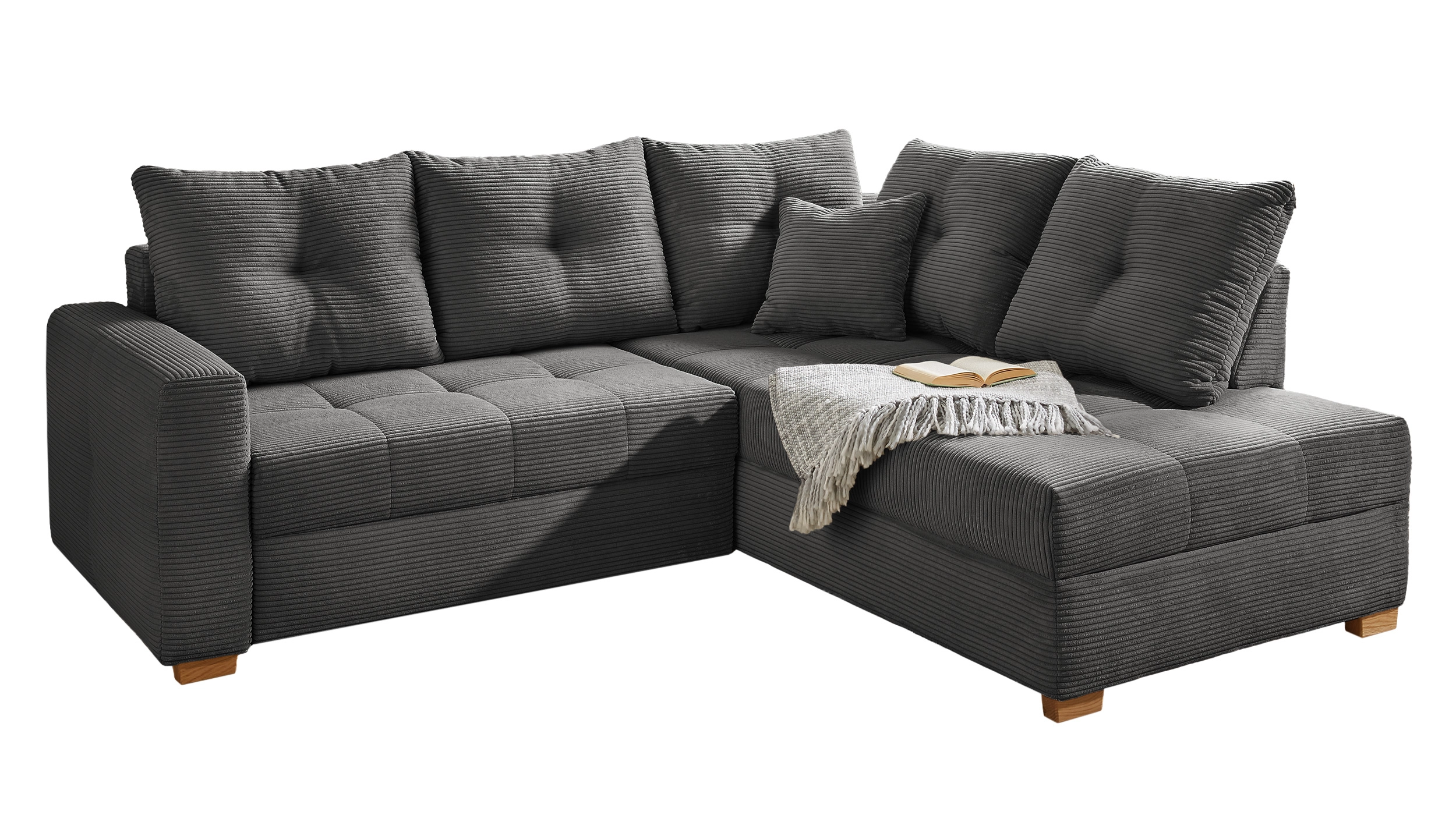 Ecksofa Cord dunkelgrau - Schlaffunktion Bettkasten 228 cm - HEIDELBERG