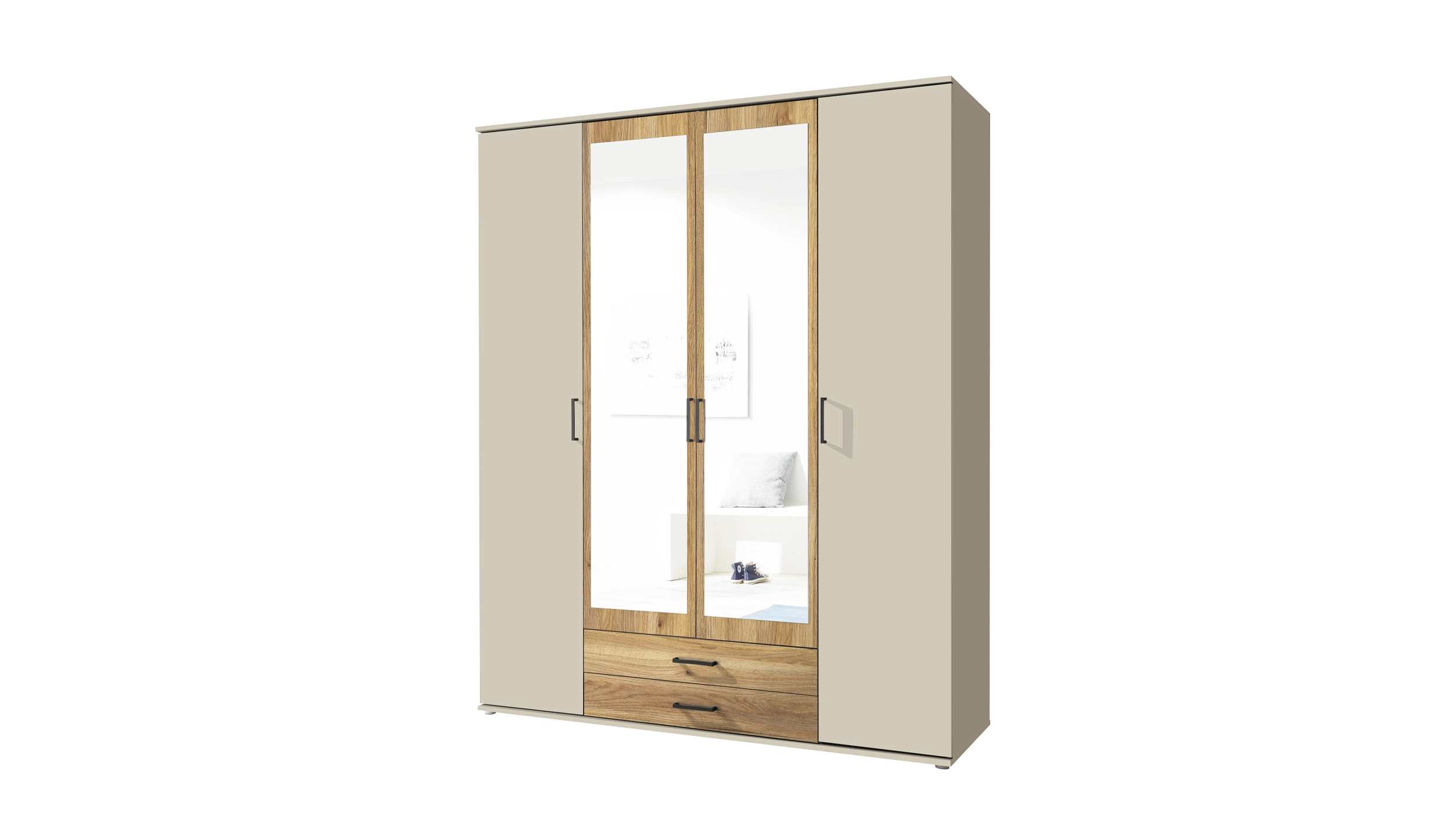 Kleiderschrank mit Spiegel 159 cm - beige - Eiche - 4-türig - CHICAGO
