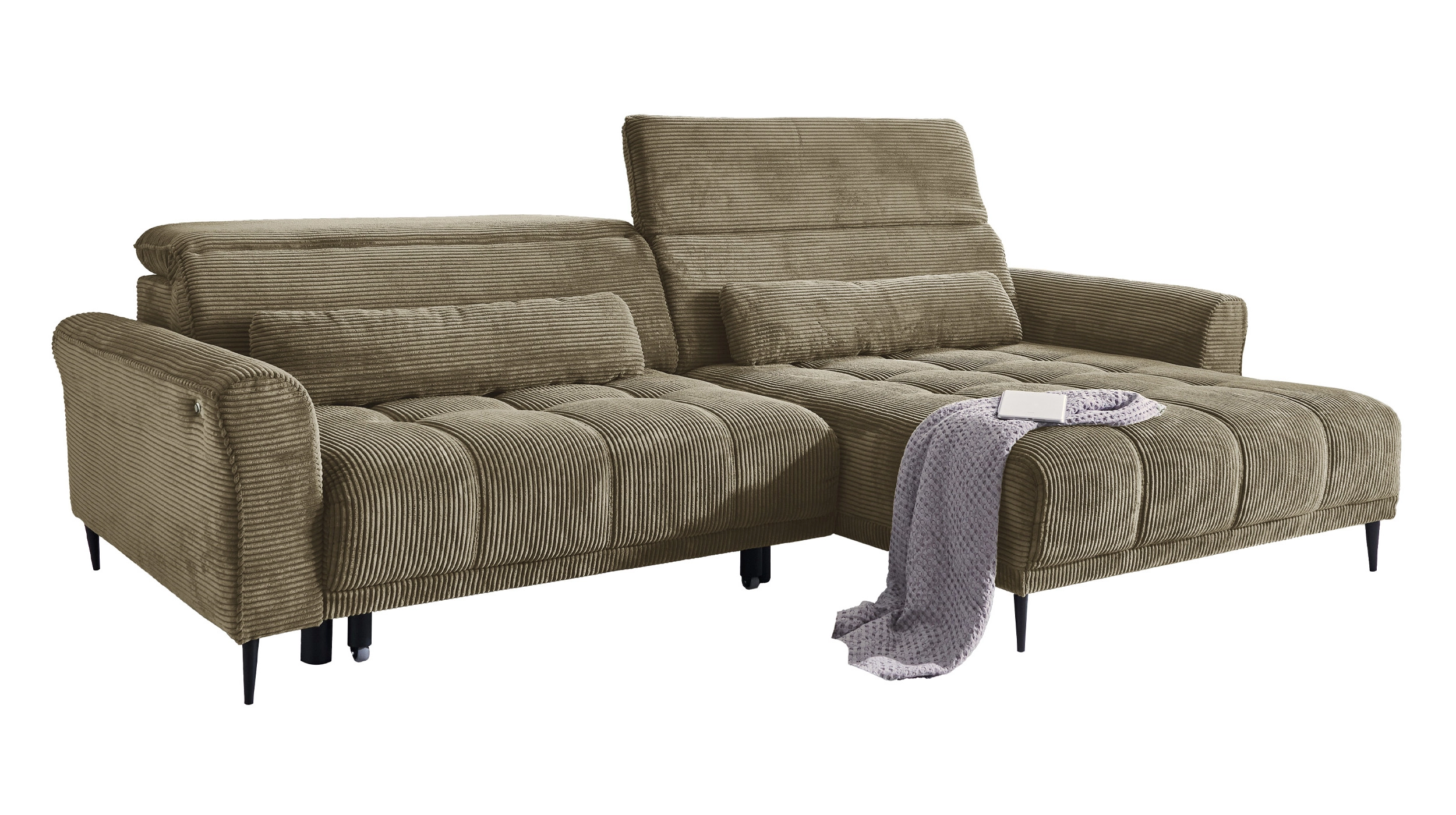 Ecksofa Cord grün ausziehbar - Sitztiefenverstellung - 277 cm - OT rechts - LOGAN