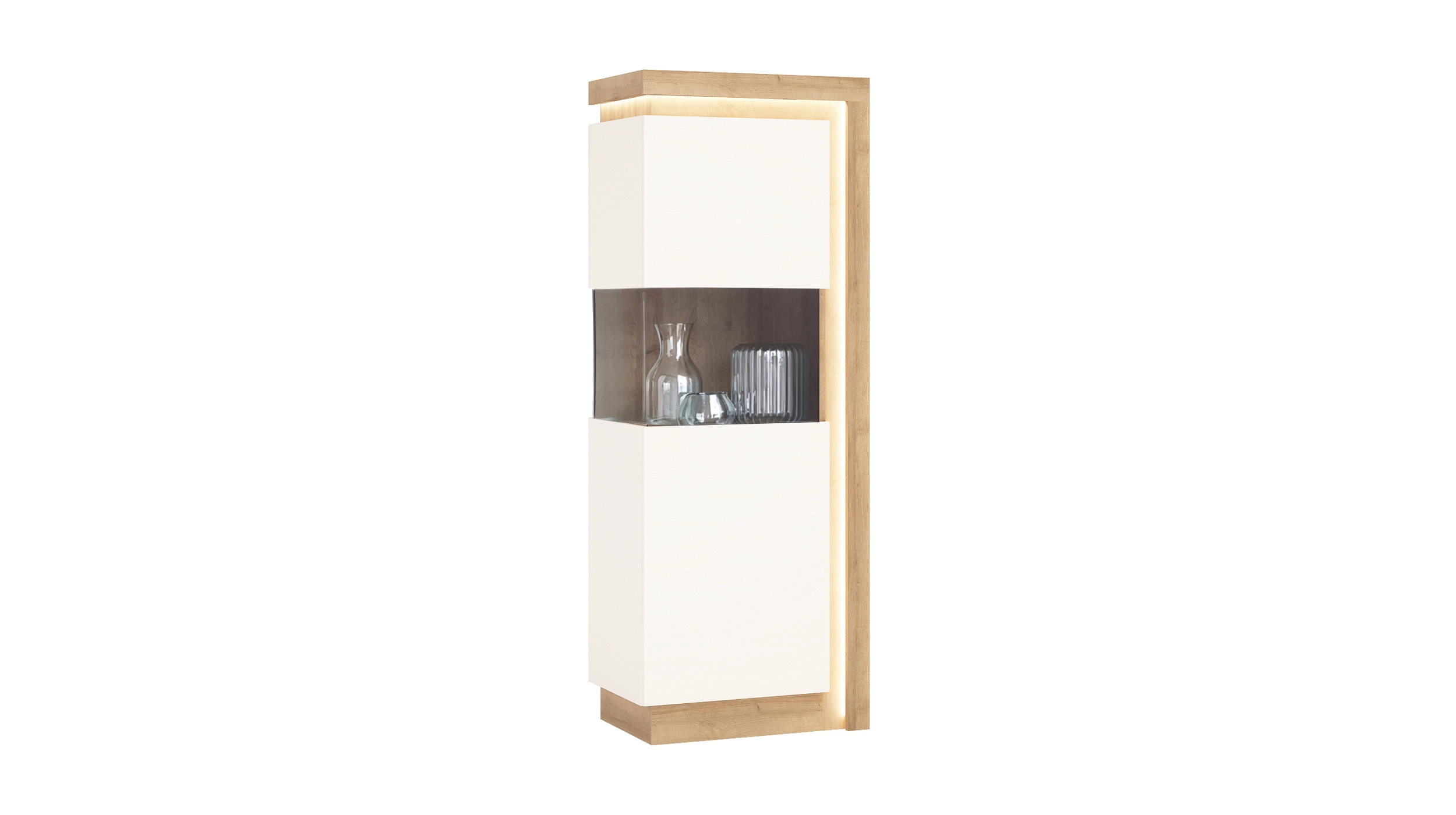 Vitrine mit Beleuchtung weiß Hochglanz - Eiche Breite 60 cm - LYON