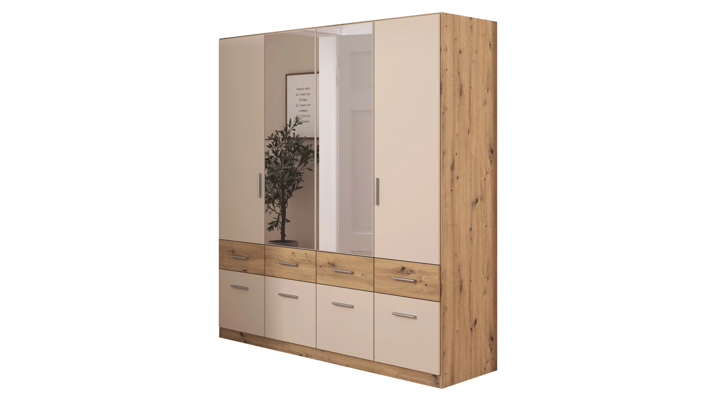 Kleiderschrank mit Spiegel beige Eiche 181 cm - rauch - CELLE