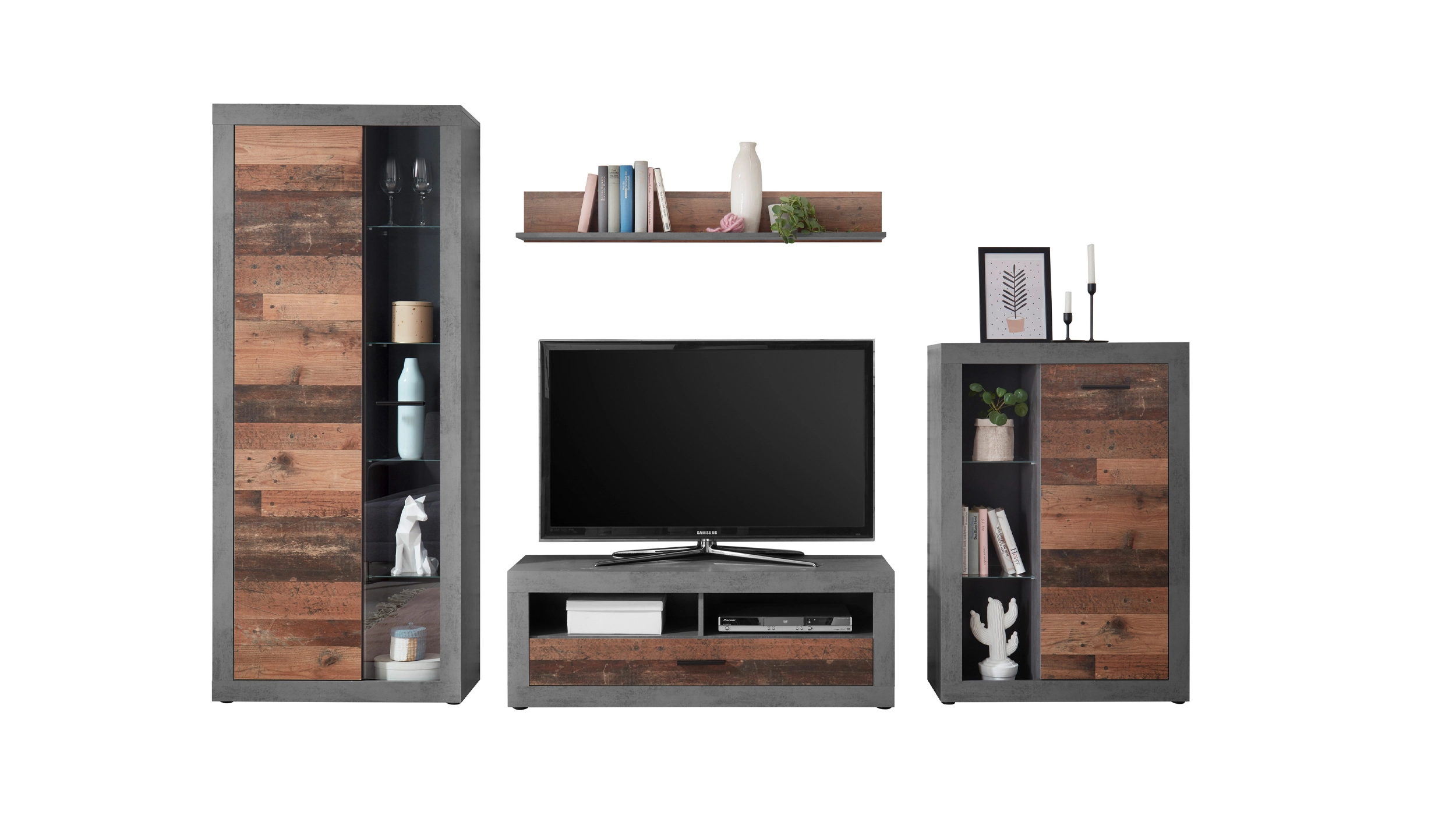 Wohnwand Old Wood - grau 305 cm Anbauwand - FULDA
