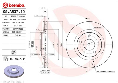 BREMBO Bremsscheibe 09.A637.11 Bremsscheiben,Scheibenbremsen JEEP,CHRYSLER,LANCIA,COMPASS (MK49),PATRIOT (MK74),SEBRING Cabriolet (JS),SEBRING (JS)