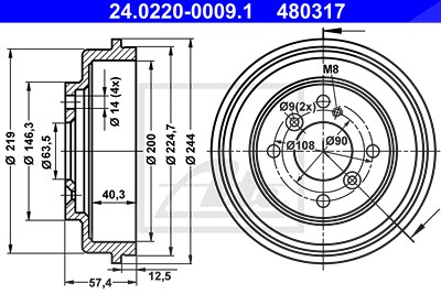 ATE Bremstrommel 24.0220-0009.1  FORD,Fiesta Mk6 Schrägheck (JA8, JR8),Fiesta Mk6 Limousine,Fiesta Mk6 Kastenwagen