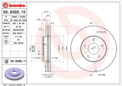 BREMBO Bremsscheibe 09.9368.11 Bremsscheiben,Scheibenbremsen NISSAN,X-TRAIL (T30),ALMERA TINO (V10),PRIMERA Kombi (WP12),PRIMERA (P12)