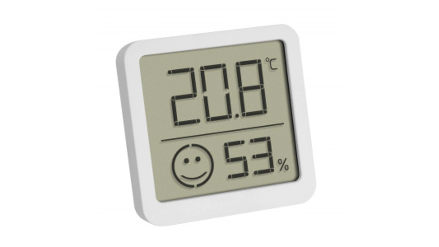 TFA Thermo-Hygrometer mit Smiley-Klimakomfortanzeige, Raumtemperatur, Luftfeuchte (rH), weiß