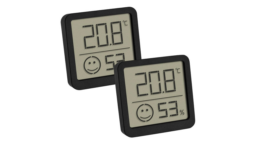 TFA 2er-Set Thermo-Hygrometer mit Smiley-Klimakomfortanzeige, Raumtemperatur, Luftfeuchte, schwarz