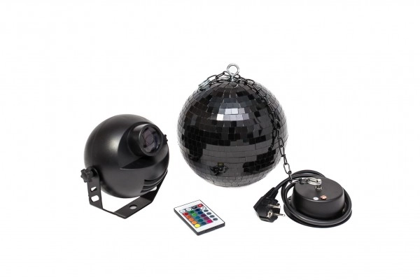 Spiegelkugelset 20cm Schwarz mit Motor und LED-Spot fernbedienbar