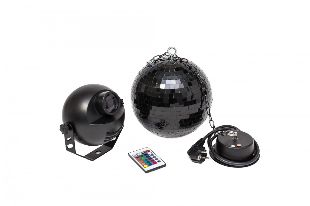 Spiegelkugelset 20cm Schwarz mit Motor und LED-Spot fernbedienbar