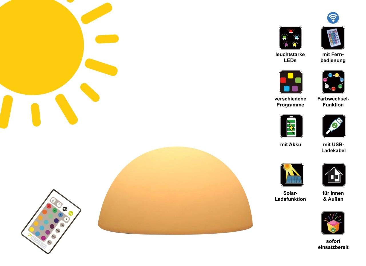 7even LED Solar Halbkugel 35cm Farbwechsel und Fernbedienbar