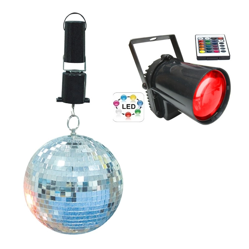 LED Discokugel-Set 20cm LED-Spot Farbwechsel/Fernbedienung und Batteriemotor