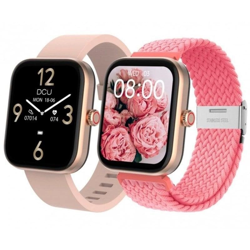 DCU Los Angeles Smartwatch-Uhr aus Roségold mit 2 20-mm-Armbändern aus beigem Silikon + zartrosa Nylon