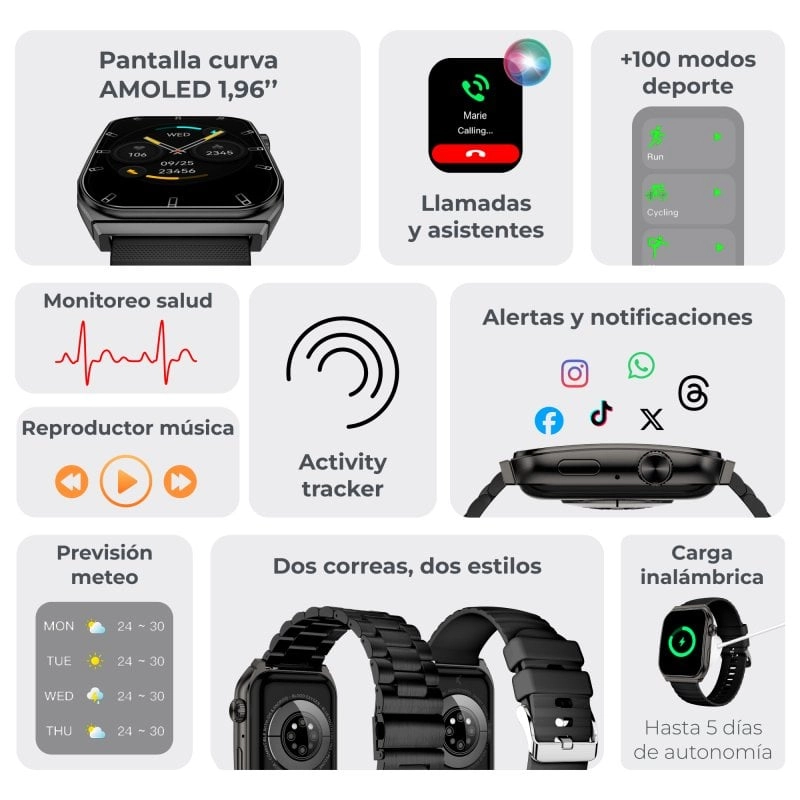Ksix Olympo Bluetooth 51mm AMOLED Schwarz Edelstahl und Silikon IP67 SpO2 Herzfrequenzmesser