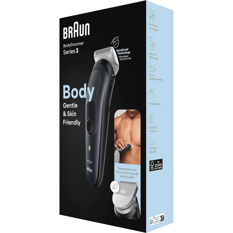 Braun BG3350 – kabelloser, wasserdichter Körperhaartrimmer mit 3 Köpfen, in Schwarz