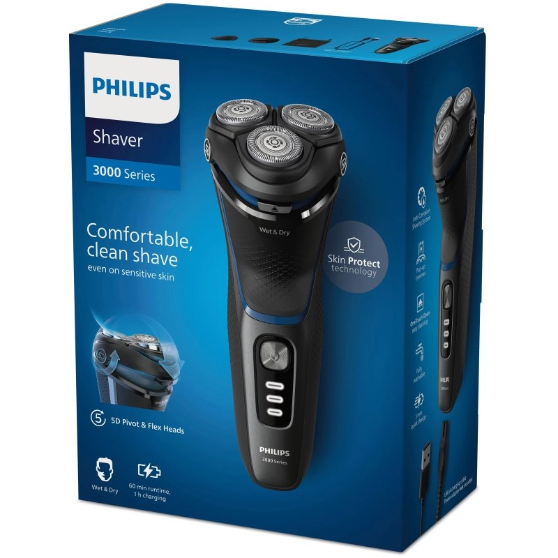 Philips S3344/13 Herrenrasierapparat Rotationstrasierer Trimmer Schwarz, Blau