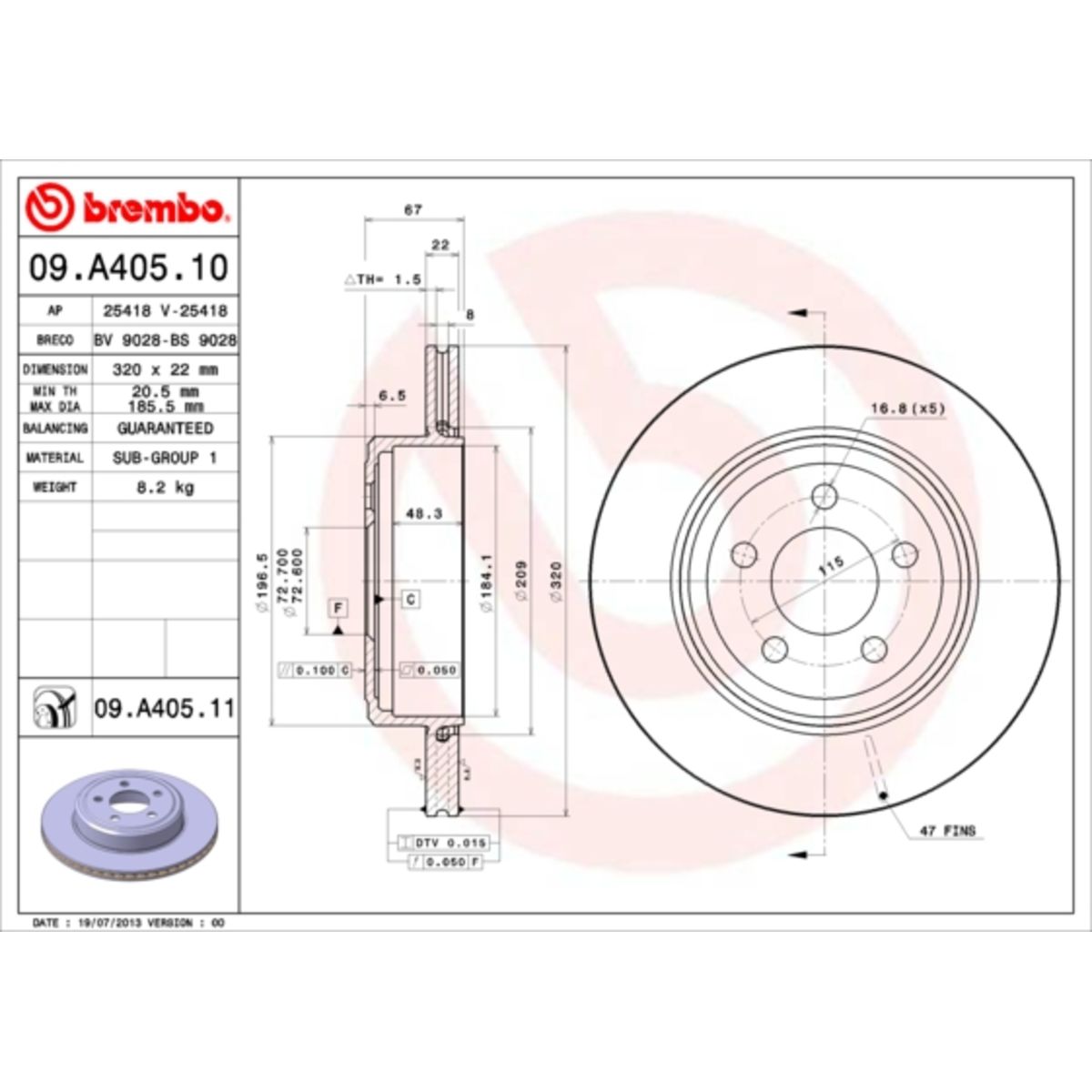 BREMBO Bremsscheibe 09.A405.11 Bremsscheiben,Scheibenbremsen CHRYSLER,LANCIA,DODGE,300 C Touring (LX, LE),300 C Limousine (LX, LE),300 C,THEMA (LX)