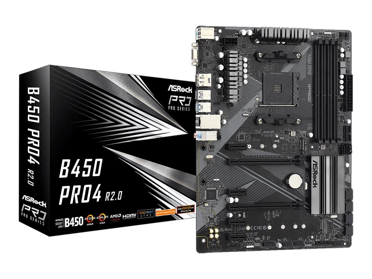 ASRock B450 Pro4 R2.0 - Motherboard - ATX - Socket AM4 - AMD B450 Chipsatz - USB-C Gen2, USB 3.2 Gen 1, USB 3.2 Gen 2 - Gigabit LAN - Onboard-Grafik (CPU erforderlich)