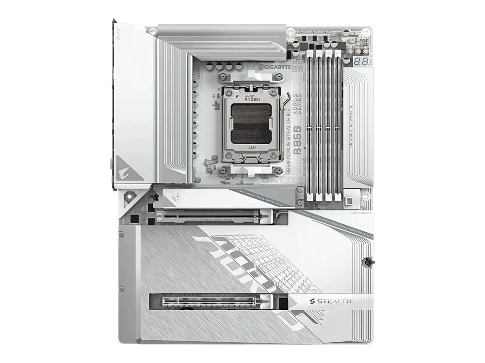 Gigabyte AORUS B850 STEALTH ICE - Motherboard - ATX - LGA1851 Sockel - AMD B850 Chipsatz - USB 3.2 Gen 1, USB-C 3.2 Gen2, USB-C 3.2 Gen 2x2, USB 3.2 Gen 2 - Bluetooth, Wi-Fi 7, 5 Gigabit Ethernet - Onboard-Grafik (CPU erforderlich)