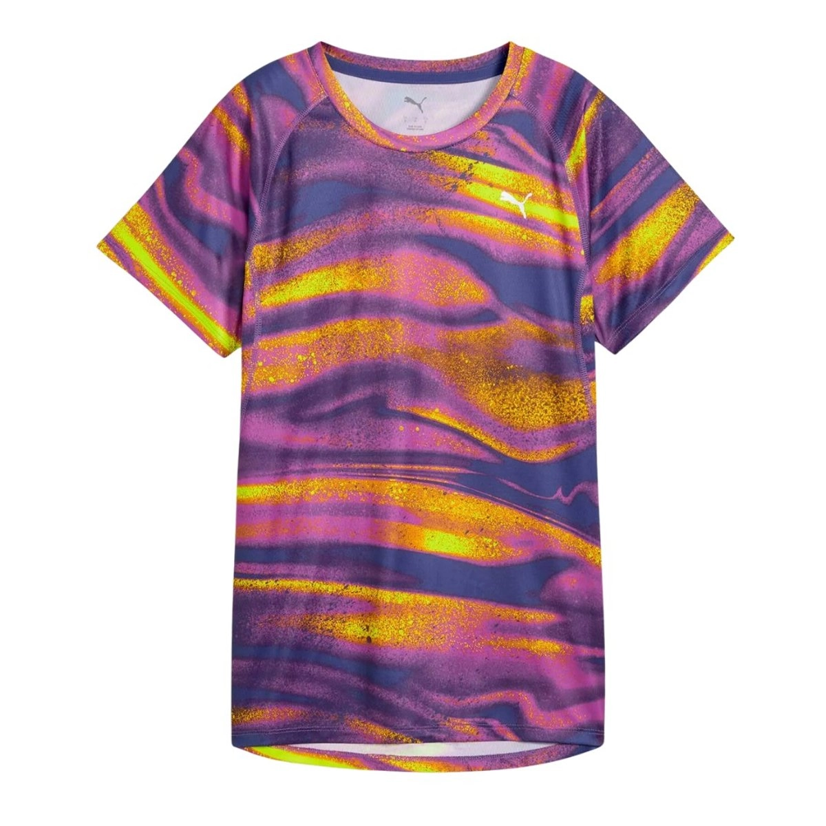 Puma Velocity All-Over Print T-Shirt Lila Gelb Damen, Größe XS.