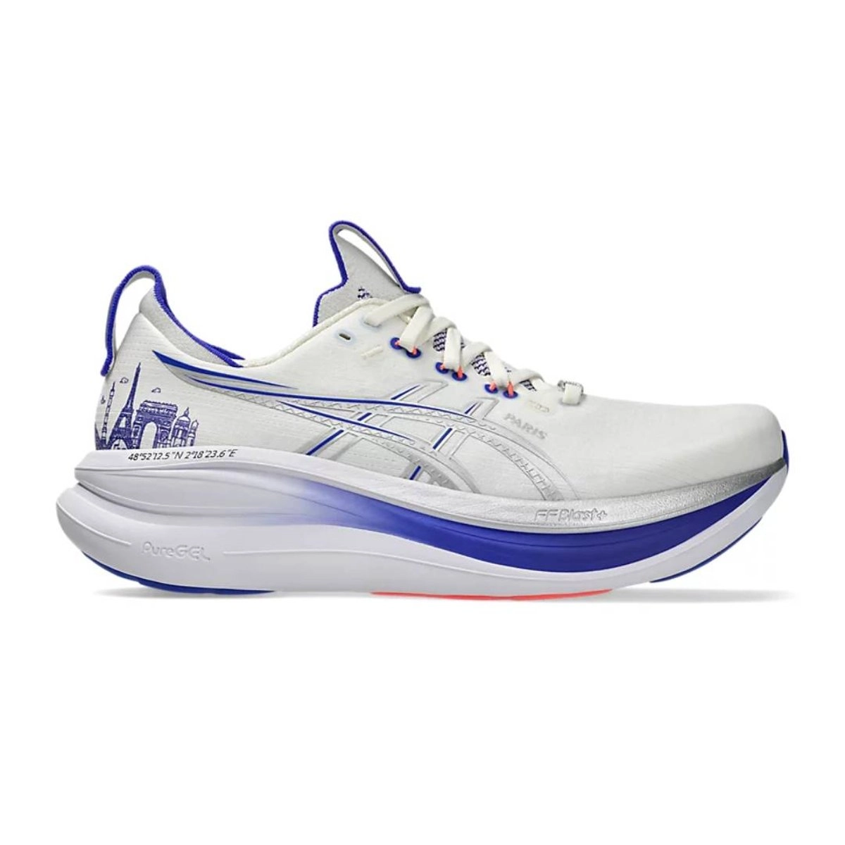 Asics Gel Nimbus 28 Paris Weiß Blau AW26 Unisex Laufschuhe, Größe 46,5 - EUR