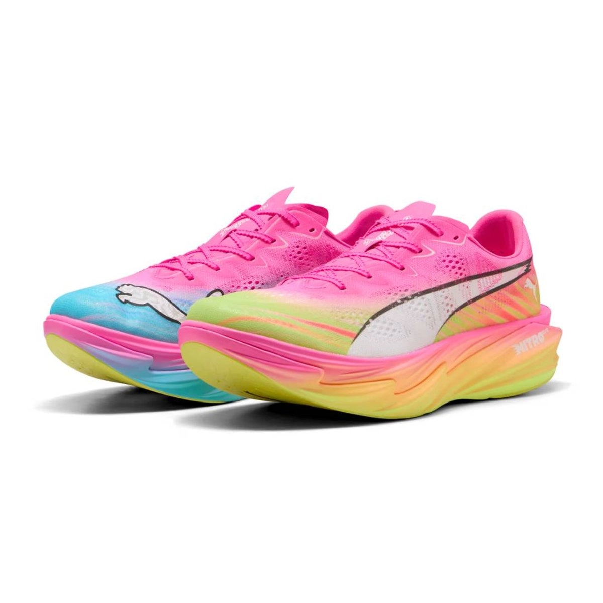 Puma Deviate NITRO Elite 4 Showtime Laufschuhe Rosa Gelb SS26, Größe 44 - EUR