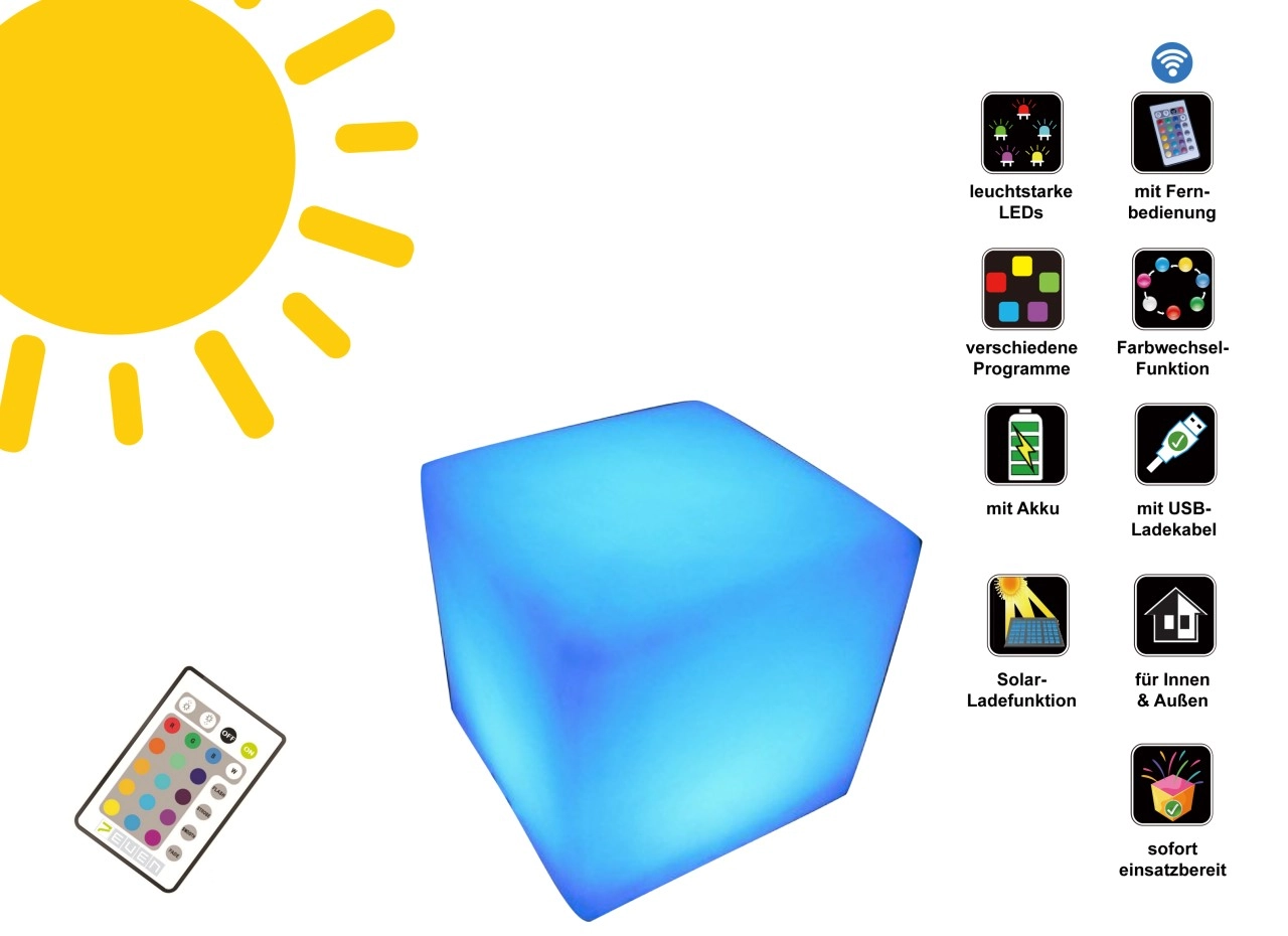 LED Solar Cube 30cm / Solar Leuchtwürfel mit optionaler USB Ladung, inkl. Fer...