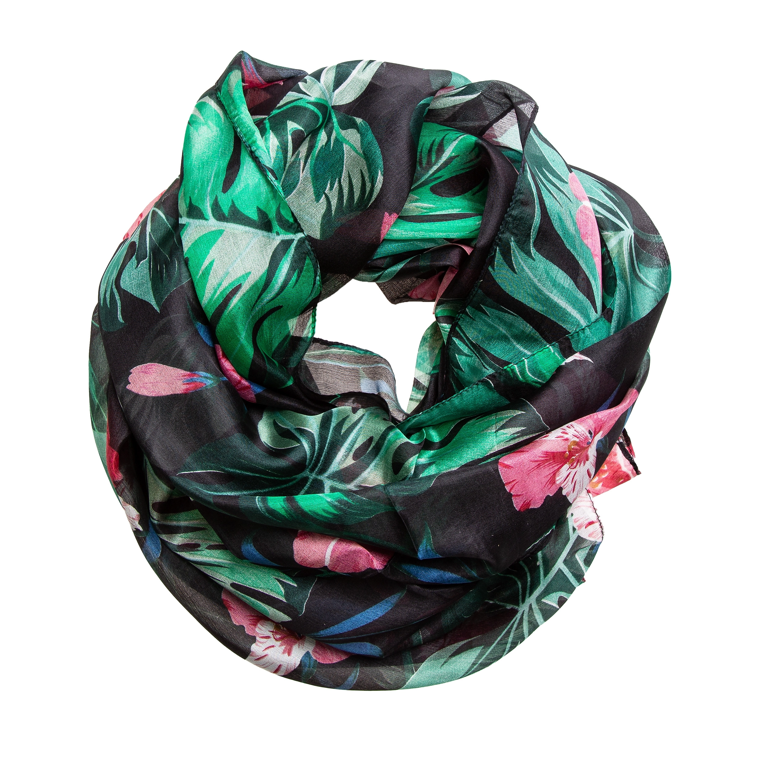 Seidenschal Halstuch Schal Chiffon schwarz Floralprint grün rosa