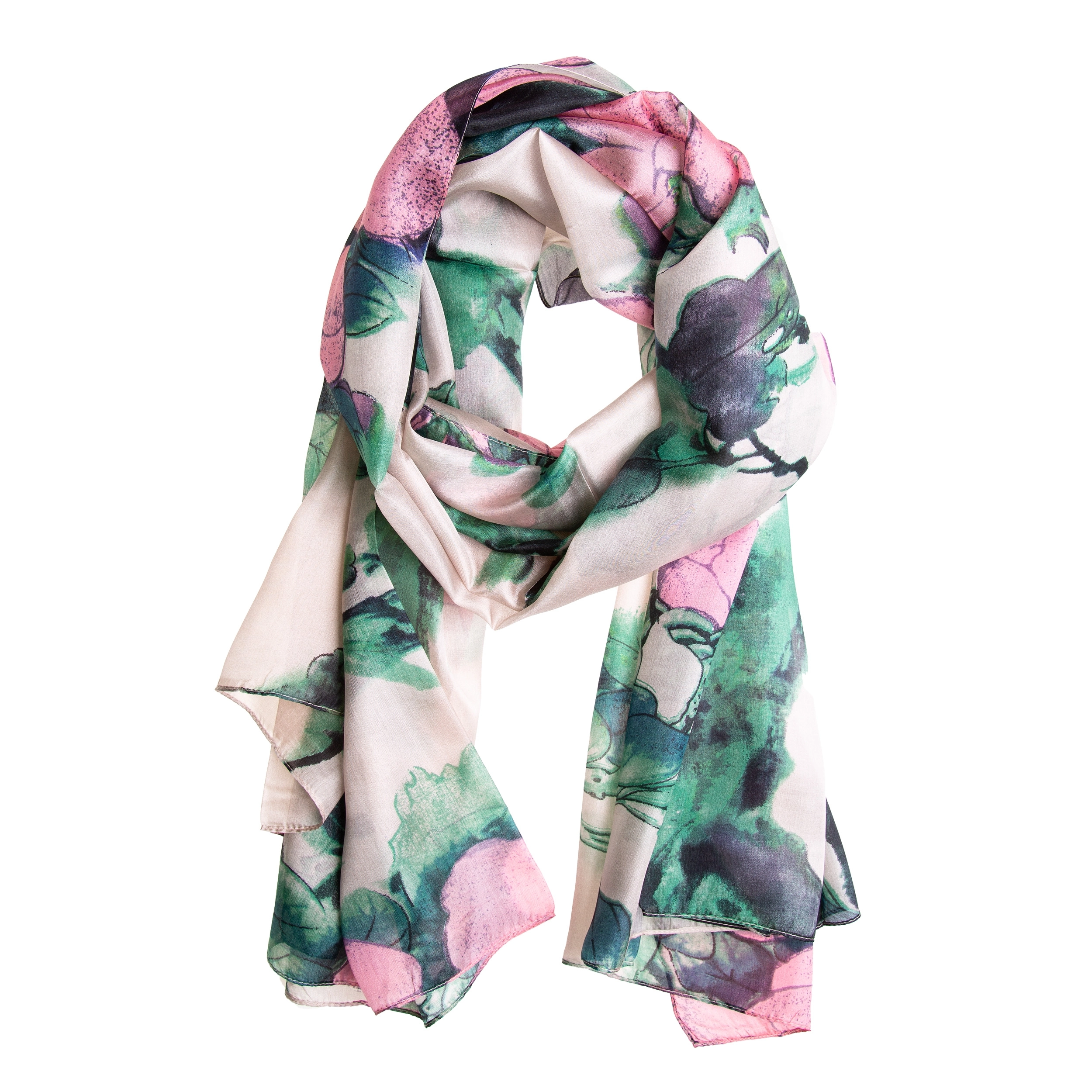 Seidenschal Halstuch Schal Chiffon naturweiß Floralprint rosa