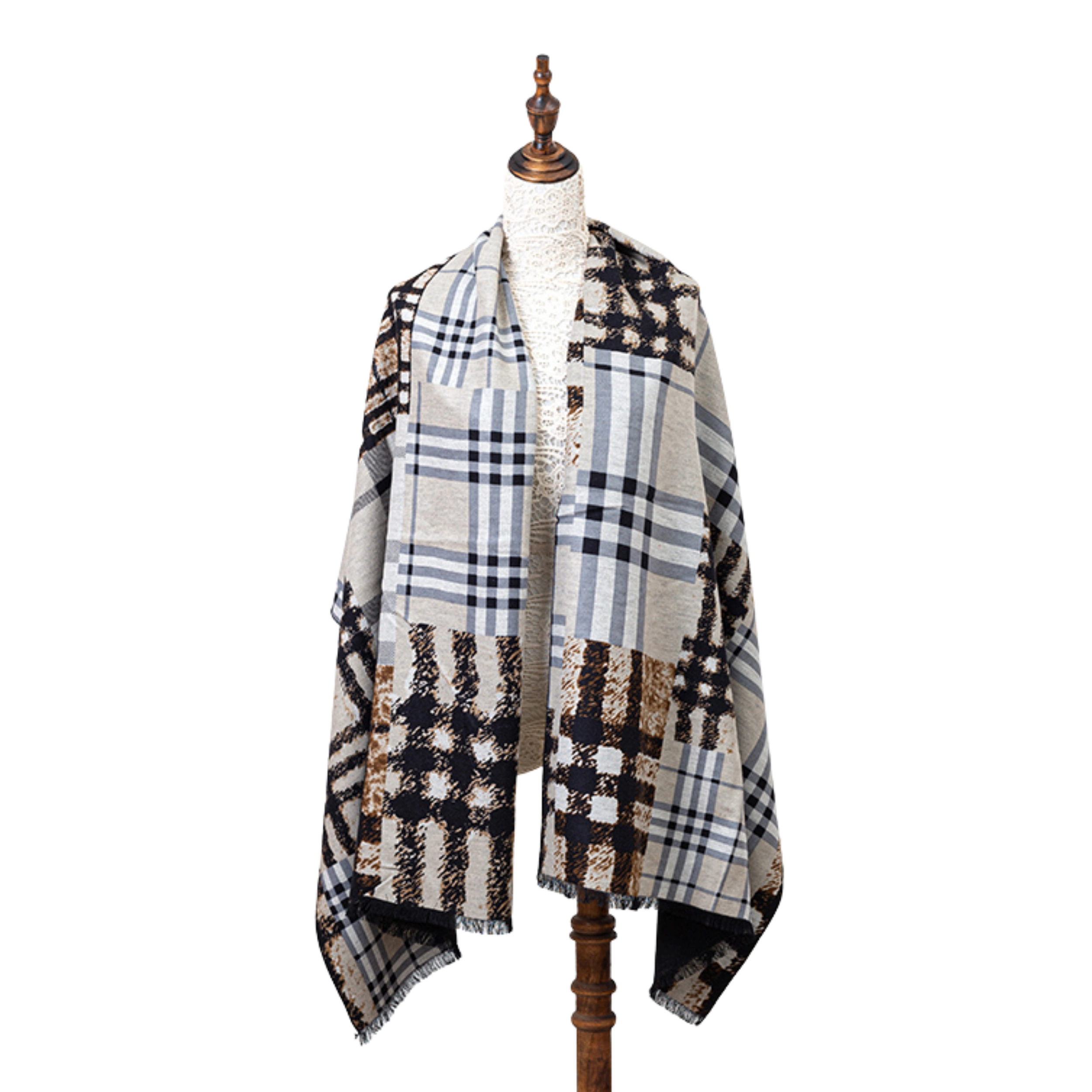 Winterschal XXL Seidenflanell Schal Stola braun Patchwork