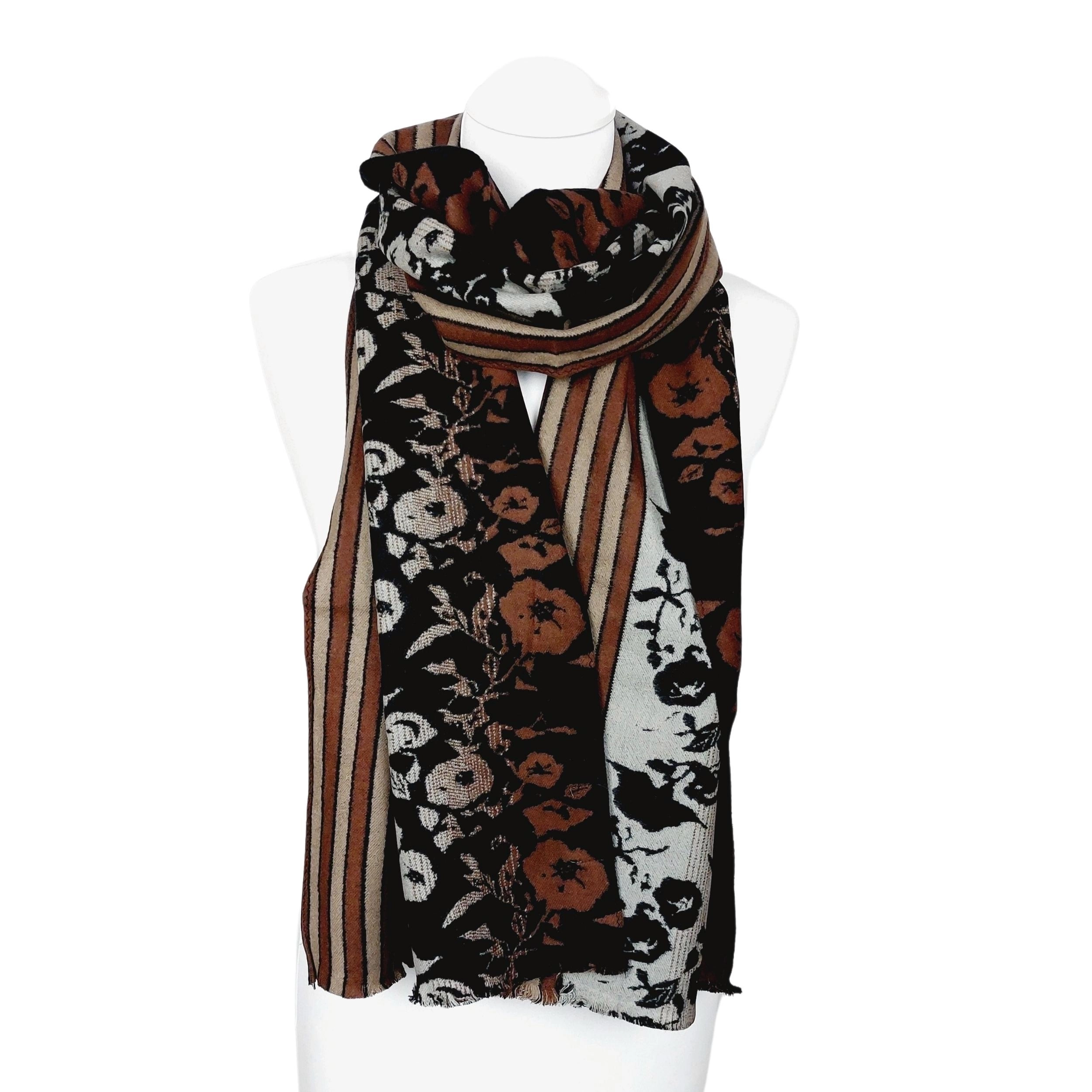 Winterschal Seidenflanell Blumen und Streifen schwarz rost