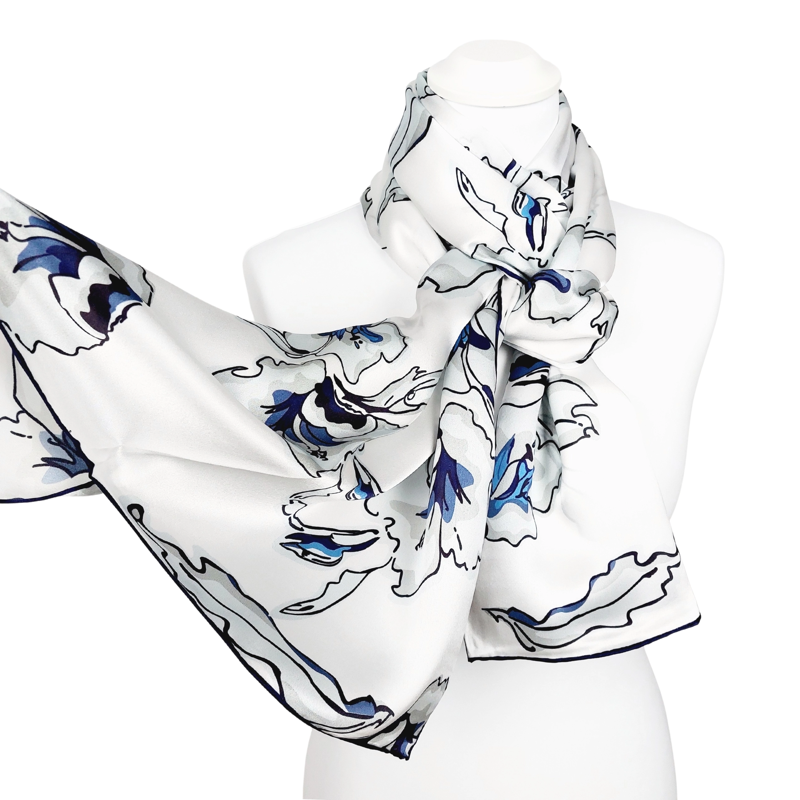 Seidenschal Halstuch Schal weiß blau Floralprint