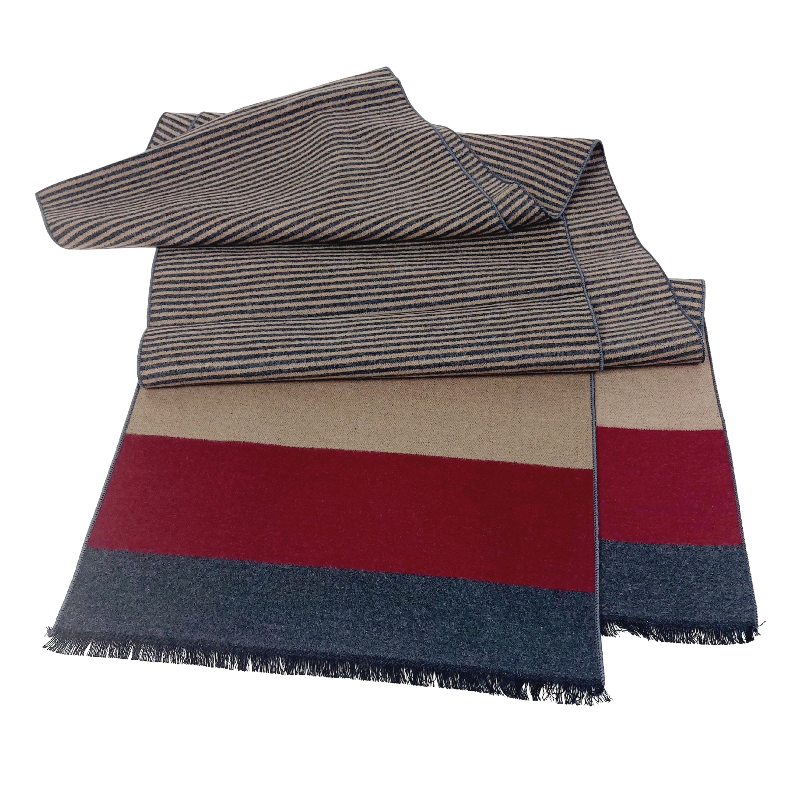 Winterschal Seidenflanell beige weinrot gestreift