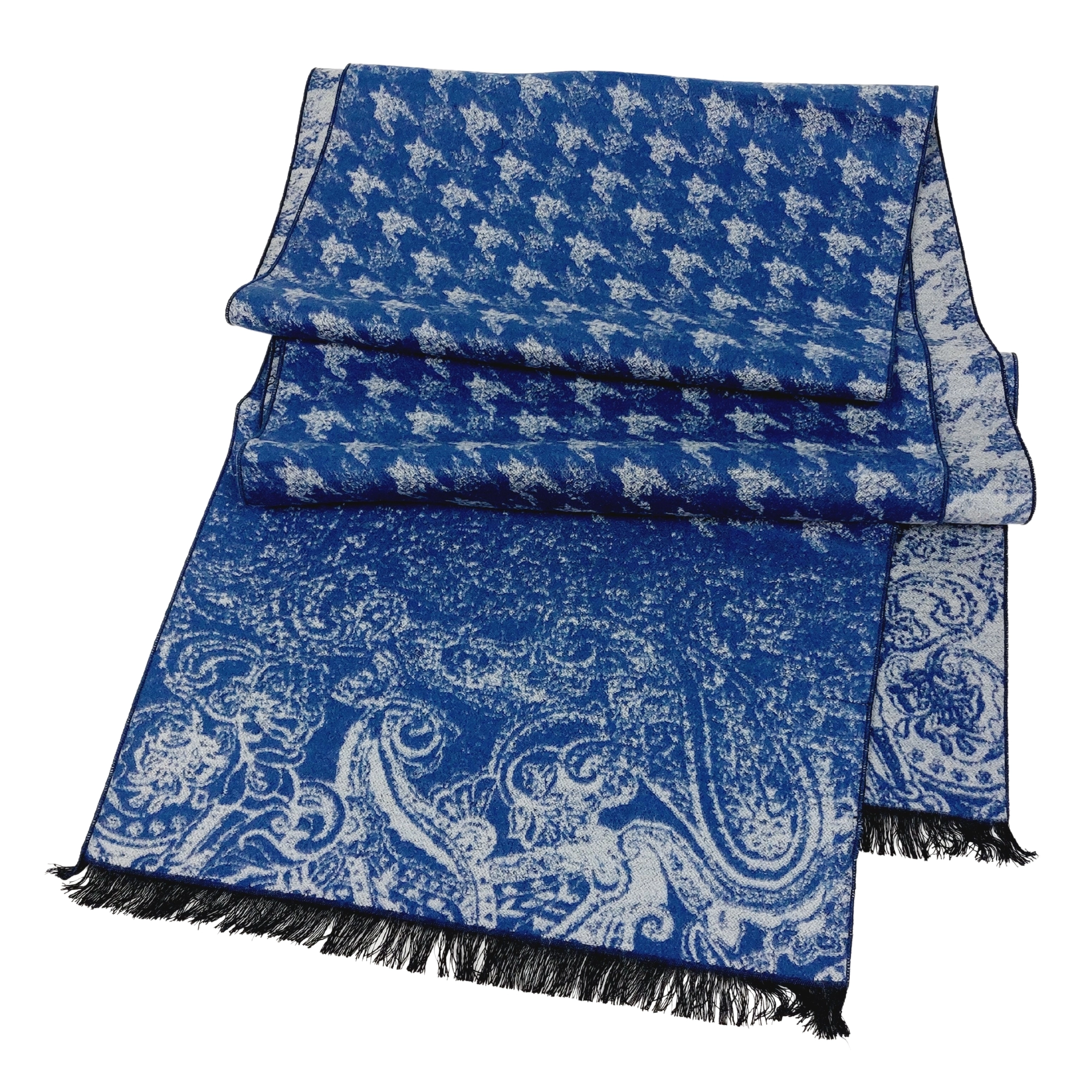 Winterschal Seidenflanell Hahnentritt Paisley blau